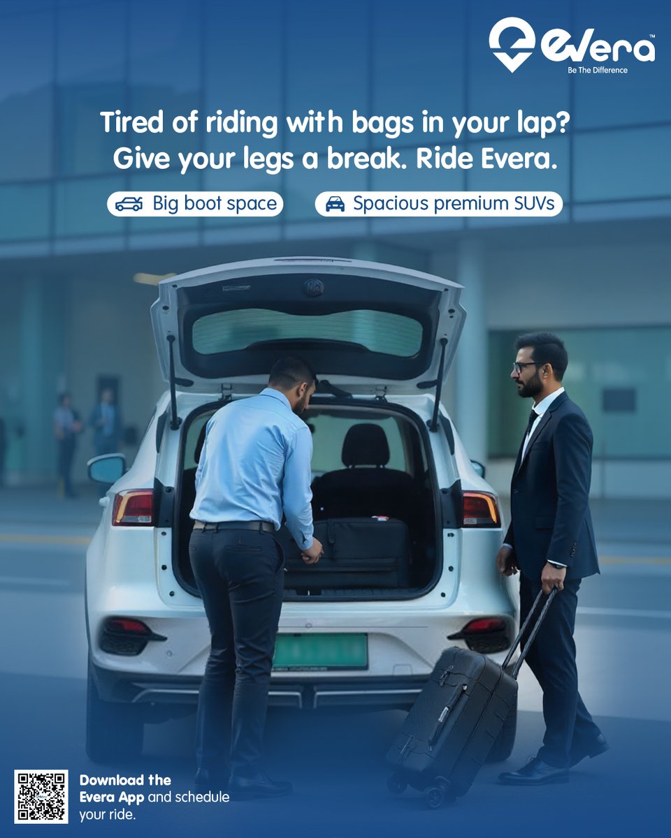 Everacabs (@everacabs) on Twitter photo Still using your lap as a luggage rack? 😩
Choose Evera’s spacious premium SUVs with big boot space because comfort should never take a back seat.
📲 Click the link qrcodes.pro/2g0L5e to download the app and schedule your ride today!
<a href="/e_prakriti/">Prakriti E-Mobility</a>
#EveraCabs #EVride Still using your lap as a luggage rack? 😩
Choose Evera’s spacious premium SUVs with big boot space because comfort should never take a back seat.
📲 Click the link qrcodes.pro/2g0L5e to download the app and schedule your ride today!
<a href="/e_prakriti/">Prakriti E-Mobility</a>
#EveraCabs #EVride