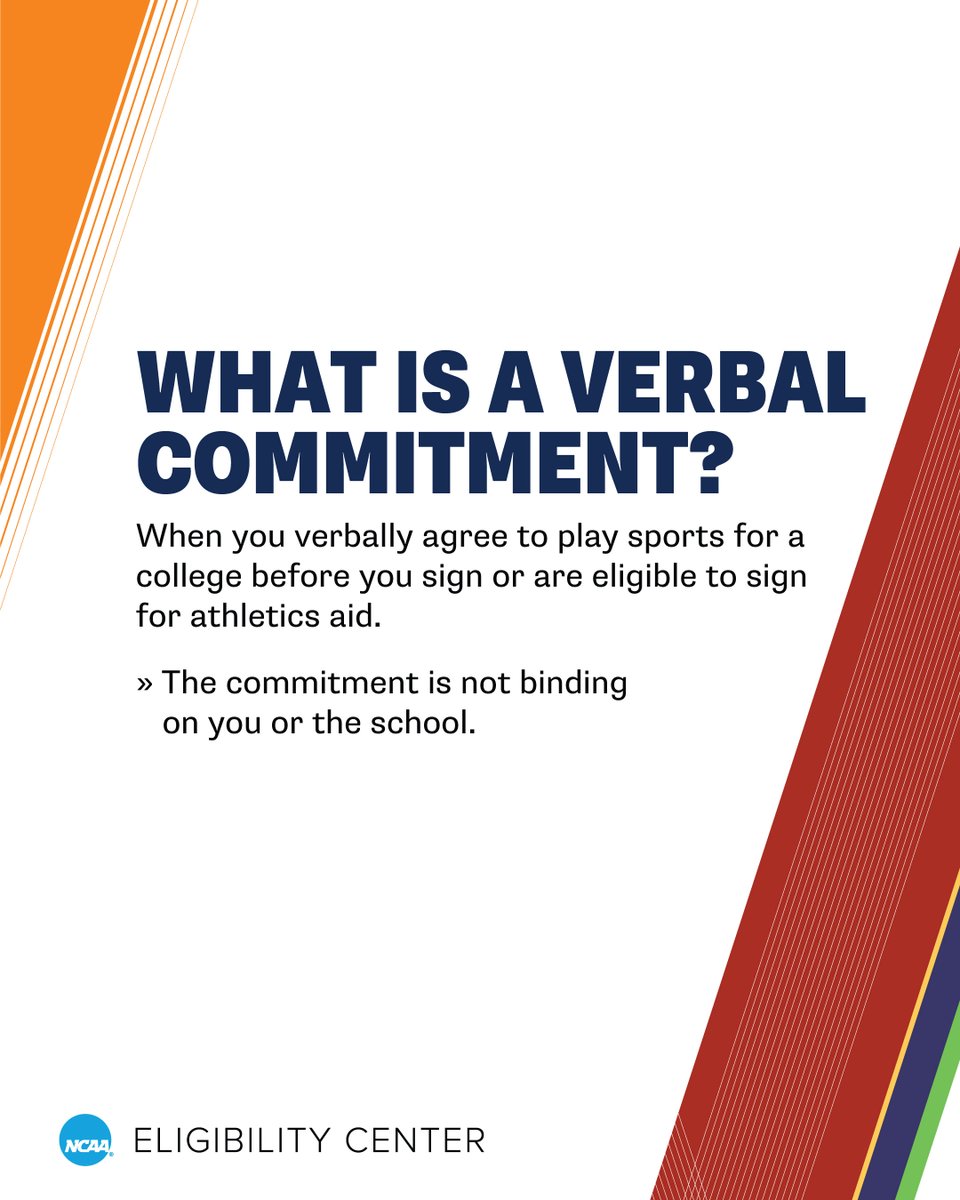 A verbal commitment is when you verbally agree to play sports for a college before you sign or are eligible to sign for athletics aid.

🔗 on.ncaa.com/verbalcommit