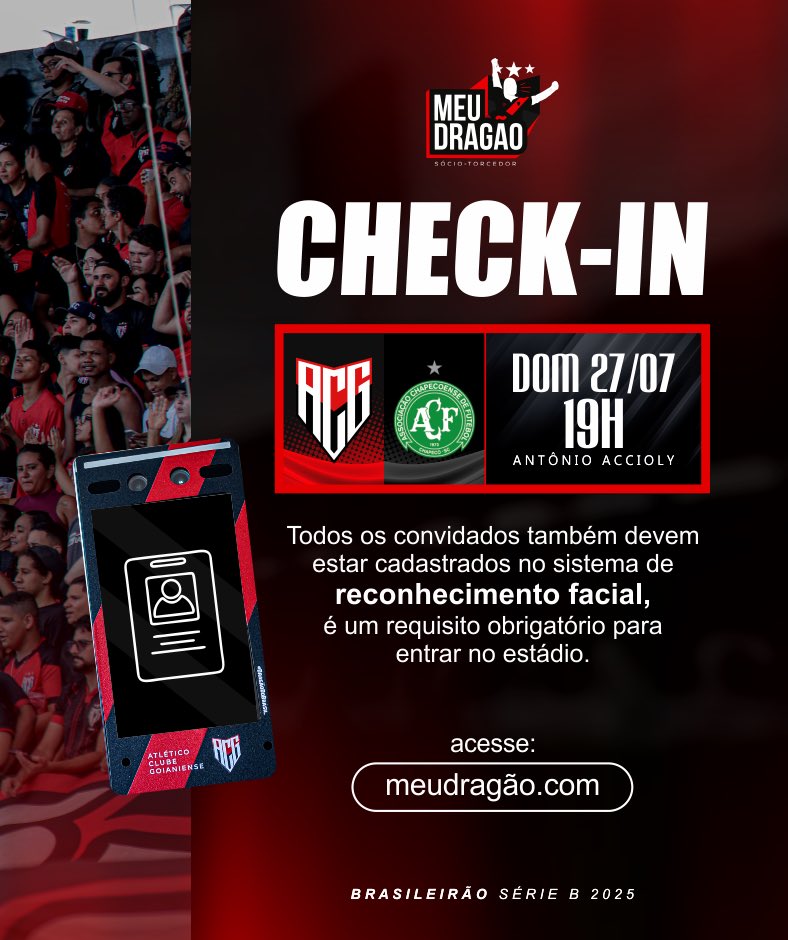 ACGOficial's tweet image. CHECK-IN E BENEFÍCIOS SÓCIO MEU DRAGÃO - Atlético x Chapecoense
Está aberto o check-in obrigatório dos Sócios Meu Dragão para jogo deste domingo (27), às 19h00, no Estádio Antônio Accioly. 🇹🇹
Acesse meudragao.com e confirme presença no jogo.
Utilizar apenas o site…