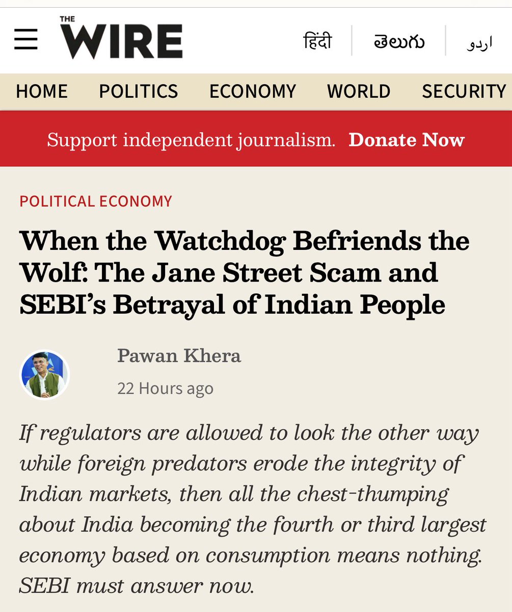 You simply can’t miss.
This isn’t just an article, it’s a clarion call.

A powerful, unflinching piece by the Chairman of Media &amp; Publicity Department Shri <a href="/Pawankhera/">Pawan Khera 🇮🇳</a> in <a href="/thewire_in/">The Wire</a> 

When the Watchdog Befriends the Wolf: The Jane Street Scam and SEBI’s Betrayal of Indian People