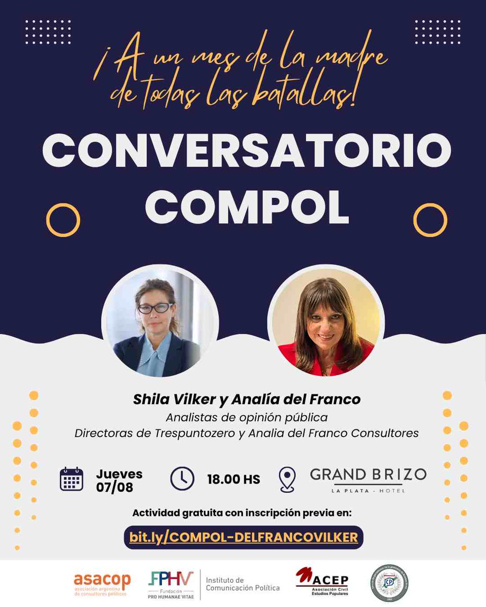 #conversatorio 🎙️ #compol 
! A un mes de la Madre de todas las batallas ! 
<a href="/ShilaVilker/">shila vilker</a>  y  <a href="/analiadelfranco/">Analía Del Franco</a> analistas de opinión pública disertarán en La Plata sobre el escenario electoral bonaerense
Info #laplata Noticias  Ver más ⬇️⬇️⬇️
 infolaplata.com/shila-vilker-y…