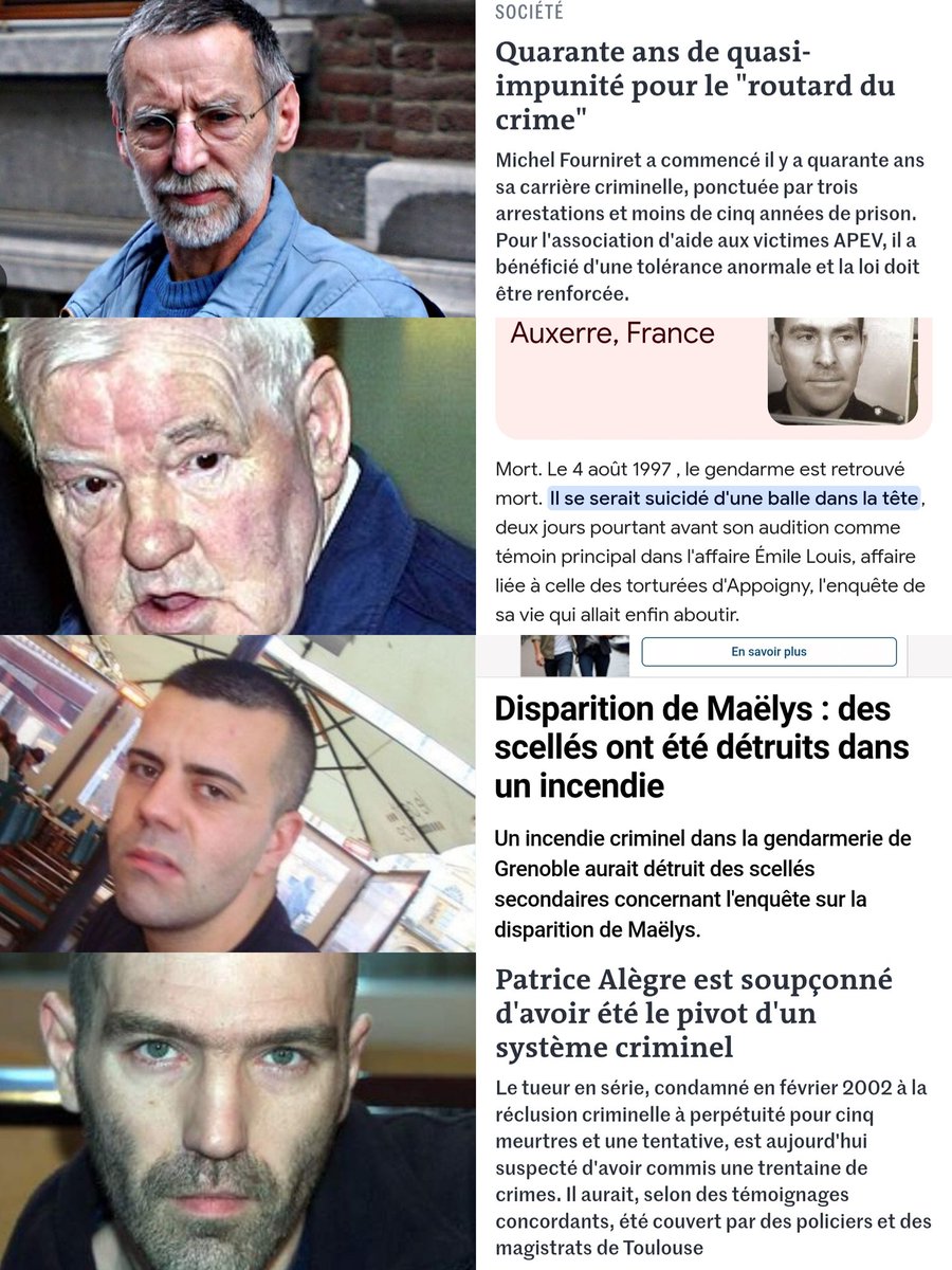 Un réseau Maçonnique derrière les tueurs en série ?
Michel Fourniret, tolérance anormale de la justice.
Émile louis, suicide du gendarme de l'enquête.
Nordahl Lelandais,incendie de la gendarmerie et disparition des scellés.
Patrice Alègre, protection de magistrats et de policiers