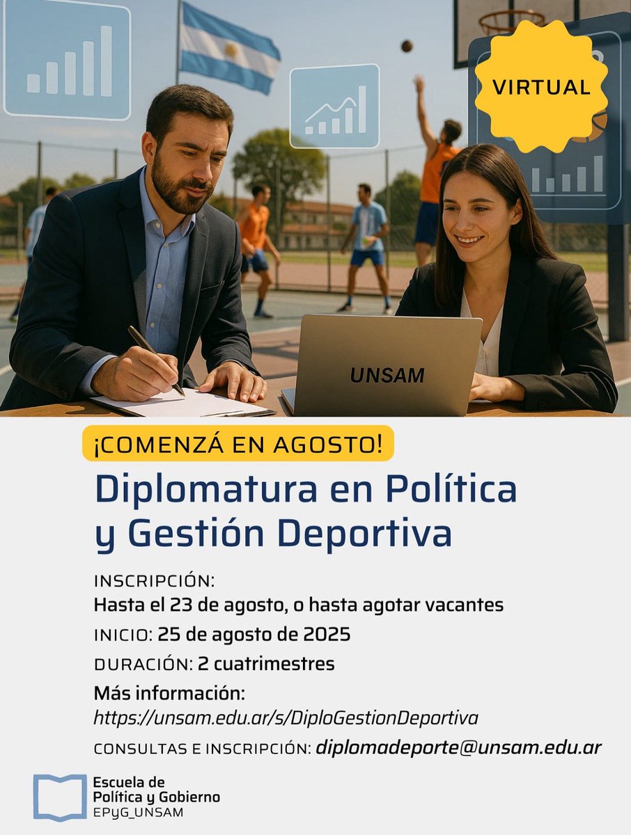 🤝 Convenio con la UNSAM para cursar la Diplomatura en Política y Gestión Deportiva.

💳 Socios de #Platense cuentan con una beca del 22%.

✍️ Inscripción hasta el 23 de agosto o hasta agotar vacantes.

🗓️ Inicio de clases: 26 de agosto.

🧷 Consultas e inscripción: