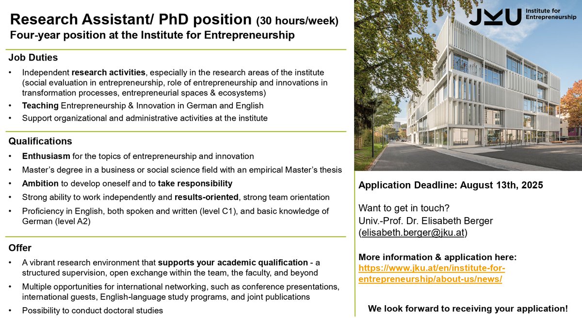 USAL EC2U (@usal_ec2u) on Twitter photo El Institute for Entrepreneurship de la universidad <a href="/jkulinz/">JKU - Johannes Kepler Universität Linz</a> busca PhD/Asistente de investigación (30h/sem, 4 años) en temas de emprendimiento e innovación.
🗓️ Postula hasta el 13/08/25
🔗 Más info: jku.at/en/institute-f… El Institute for Entrepreneurship de la universidad <a href="/jkulinz/">JKU - Johannes Kepler Universität Linz</a> busca PhD/Asistente de investigación (30h/sem, 4 años) en temas de emprendimiento e innovación.
🗓️ Postula hasta el 13/08/25
🔗 Más info: jku.at/en/institute-f…