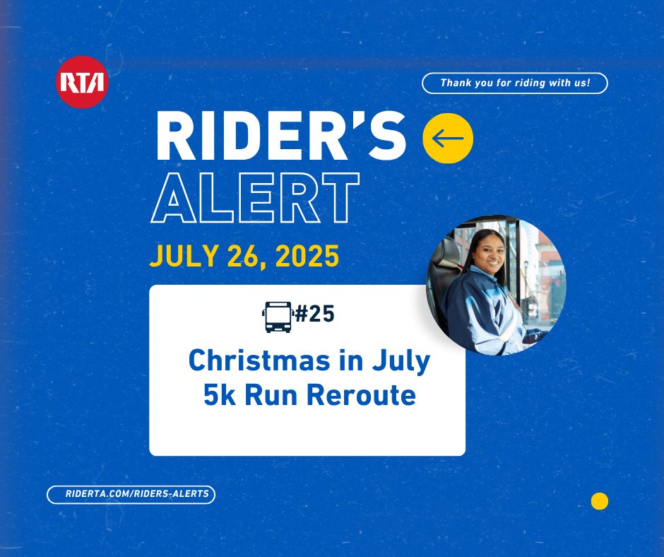 GCRTA's tweet image. π
πββοΈ Get ready, Cleveland! On Saturday, July 26, 2025, from 6AM - 11AM, the #25 Madison-Clark bus route will be rerouted for the Christmas in July 5K in Tremont. Check the Transit app for live updates and the most accurate detour information