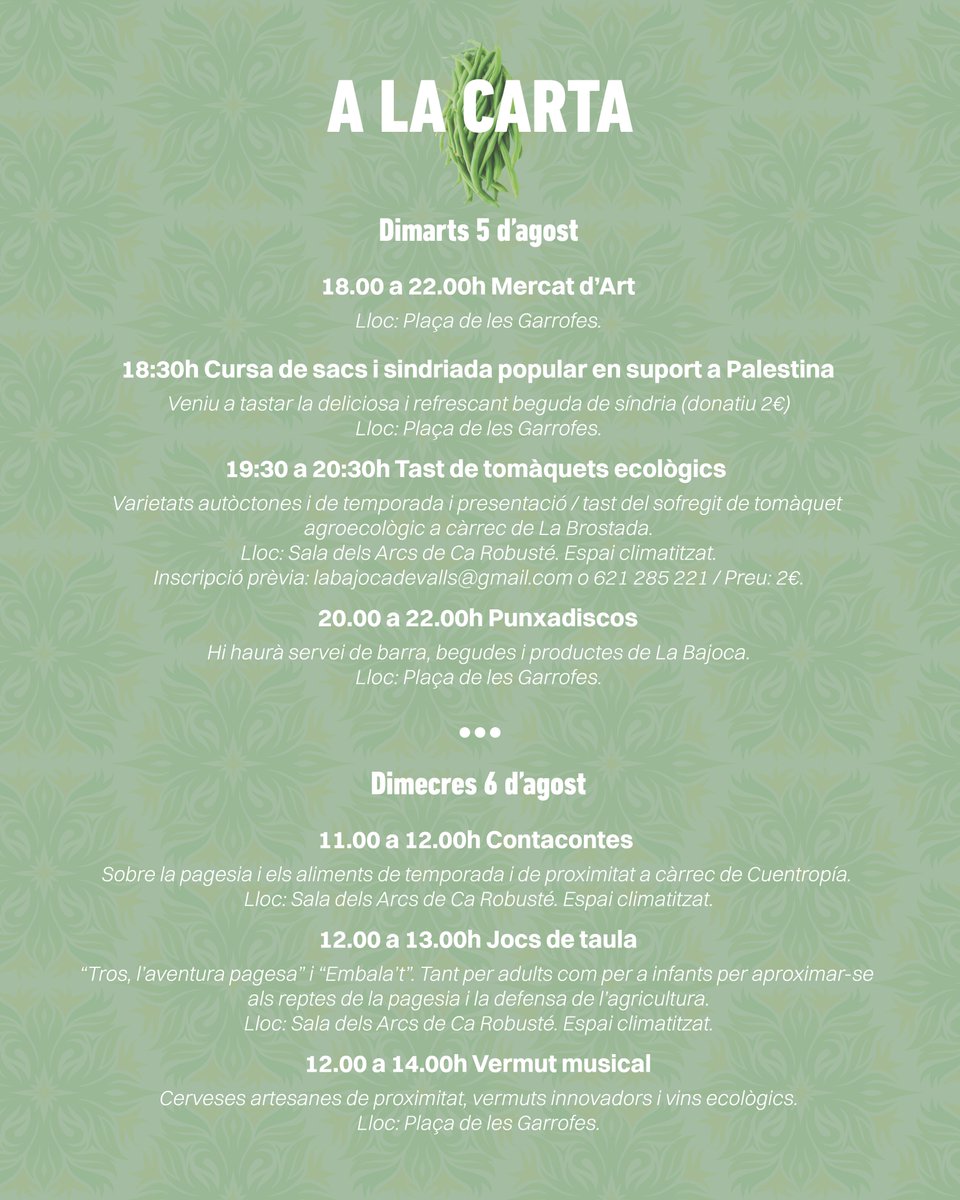 Grup de Consum La Bajoca (@consumlabajoca) on Twitter photo per <a href="/firagost/">Firagost Valls</a> a la Pl. Garrofes, tindrem de tot!
mercat d'art, música, cursa de sacs, sindriada, tastos de tomàquets, contacontes, jocs de taula, vermut musical... 5 i 6 d'AGOST toca BAJOCA! per <a href="/firagost/">Firagost Valls</a> a la Pl. Garrofes, tindrem de tot!
mercat d'art, música, cursa de sacs, sindriada, tastos de tomàquets, contacontes, jocs de taula, vermut musical... 5 i 6 d'AGOST toca BAJOCA!