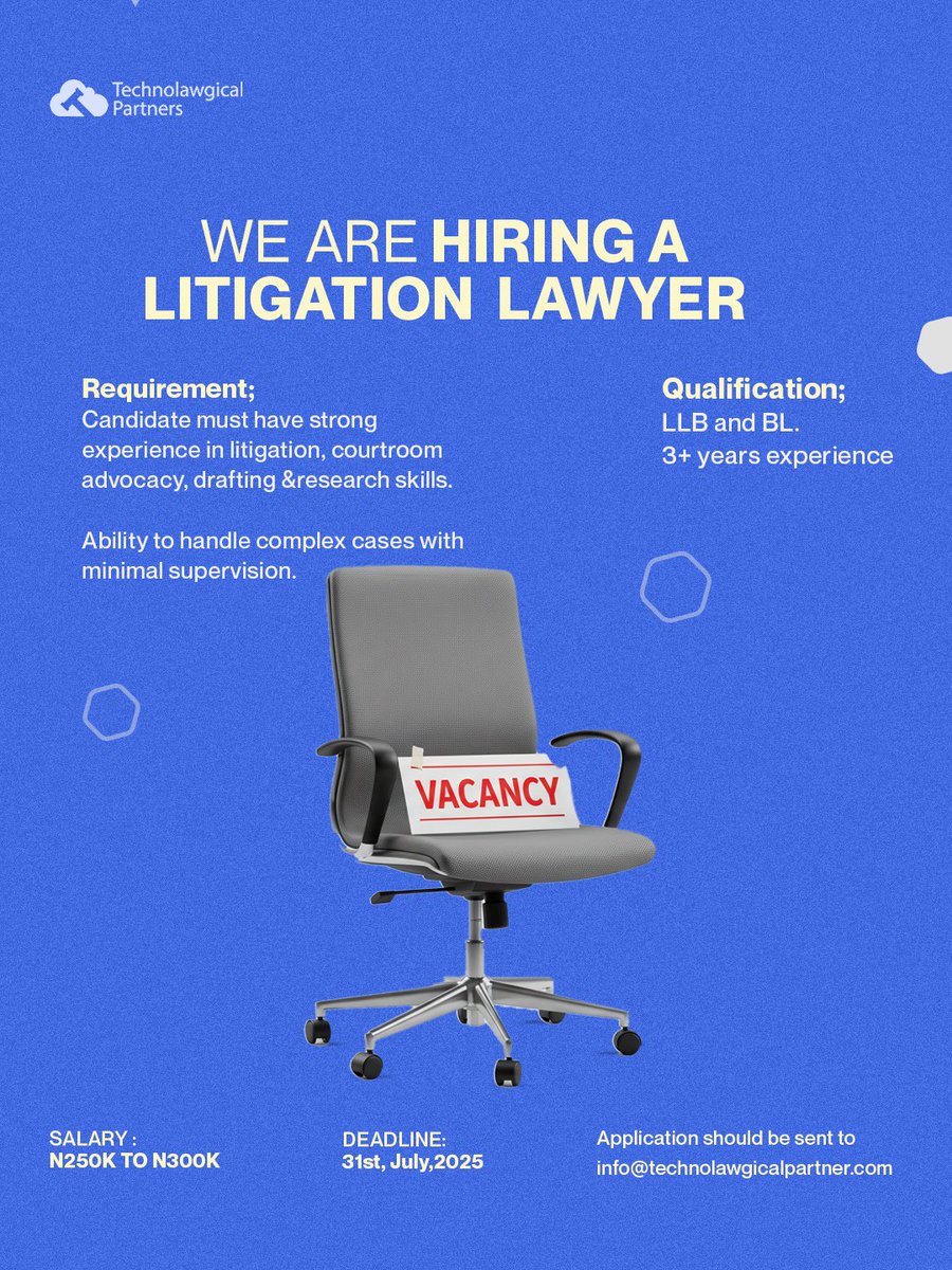 We are currently hiring a Litigation Lawyer.

Interested and qualified candidates should send an application to info@technolawgicalpartner.com