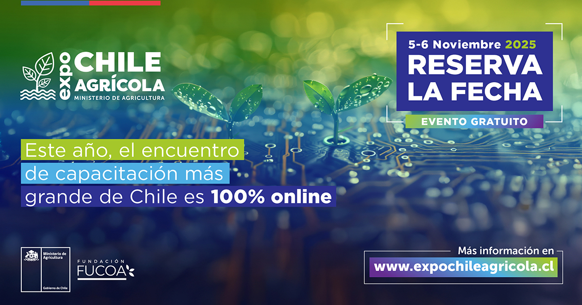 📢 ¡Atención!

📅 Reserva la fecha: #ExpoChileAgrícola se realizará el 5 y 6 de noviembre en formato 100% online.

Participa en seminarios y charlas organizadas por el Ministerio de Agricultura y sus servicios.

📲 Próximamente más información en expochileagricola.cl