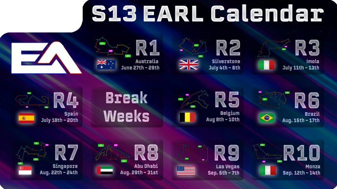 EARLF1League's tweet photo. After adding a break week and reshuffling the european divisions, this is how the updated calendar and EU lineups look like 👀

#EARL #EARacingLeague #F1Game #RacingLeague https://t.co/99VqlOB7br