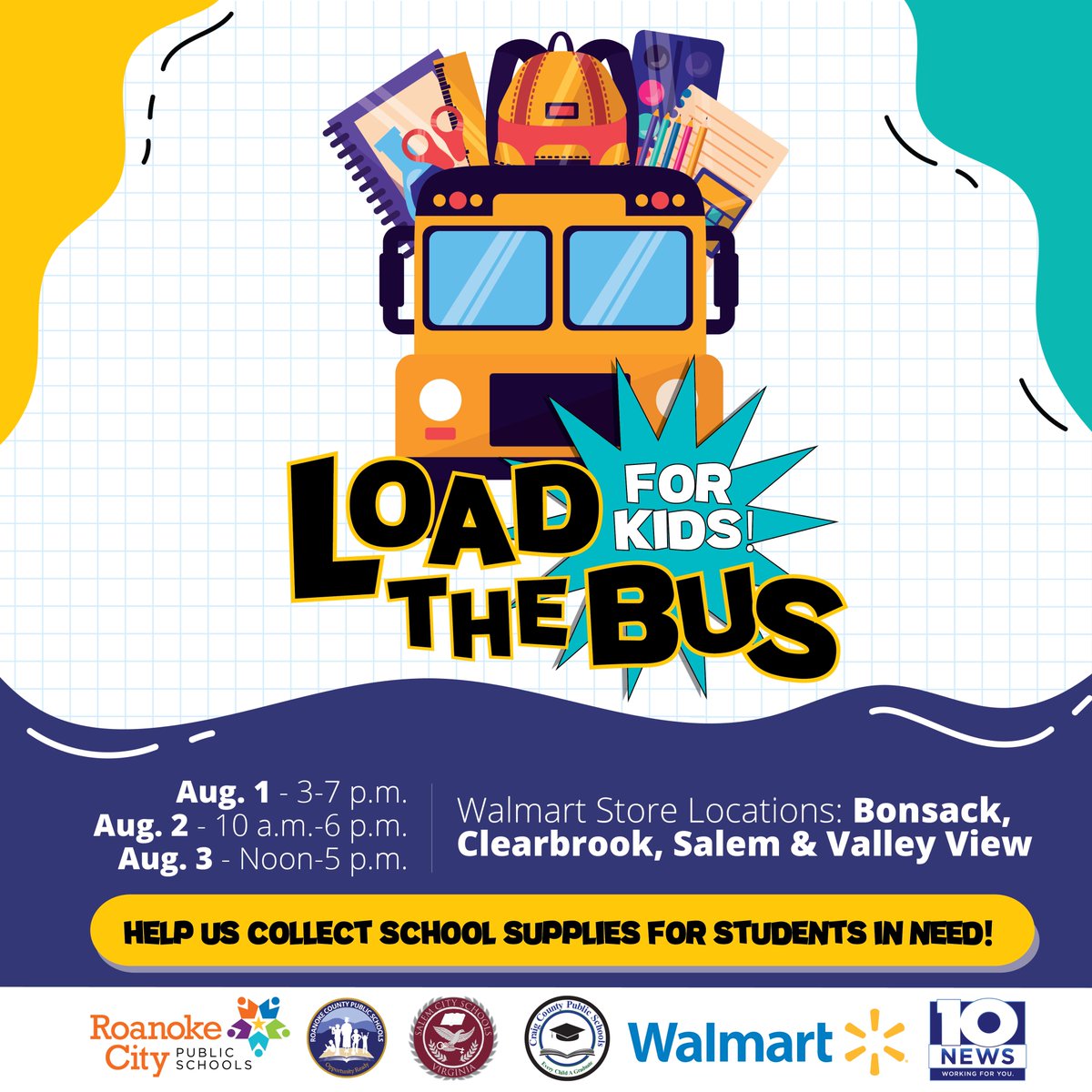 If possible, please purchase a few extra school supplies for our students in #SalemVA, Craig County, Roanoke County, and Roanoke City. The annual "Load The Bus" program is set for the first weekend in August! <a href="/wsls/">WSLS 10</a>