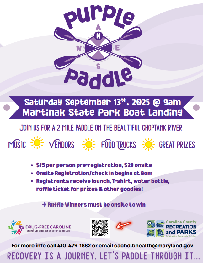 Mid Shore Behavioral Health, Inc. (@msbehavioral) on Twitter photo Don’t miss the Purple Paddle event on Saturday, September 13th, 2025 at 9 AM at Martinak State Park Boat Landing for an exciting 2-mile paddle on the Choptank River!
For more info contact : 410-479-1882 | cachd.bhealth@maryland.gov
#PurplePaddle #RecoveryAwareness Don’t miss the Purple Paddle event on Saturday, September 13th, 2025 at 9 AM at Martinak State Park Boat Landing for an exciting 2-mile paddle on the Choptank River!
For more info contact : 410-479-1882 | cachd.bhealth@maryland.gov
#PurplePaddle #RecoveryAwareness