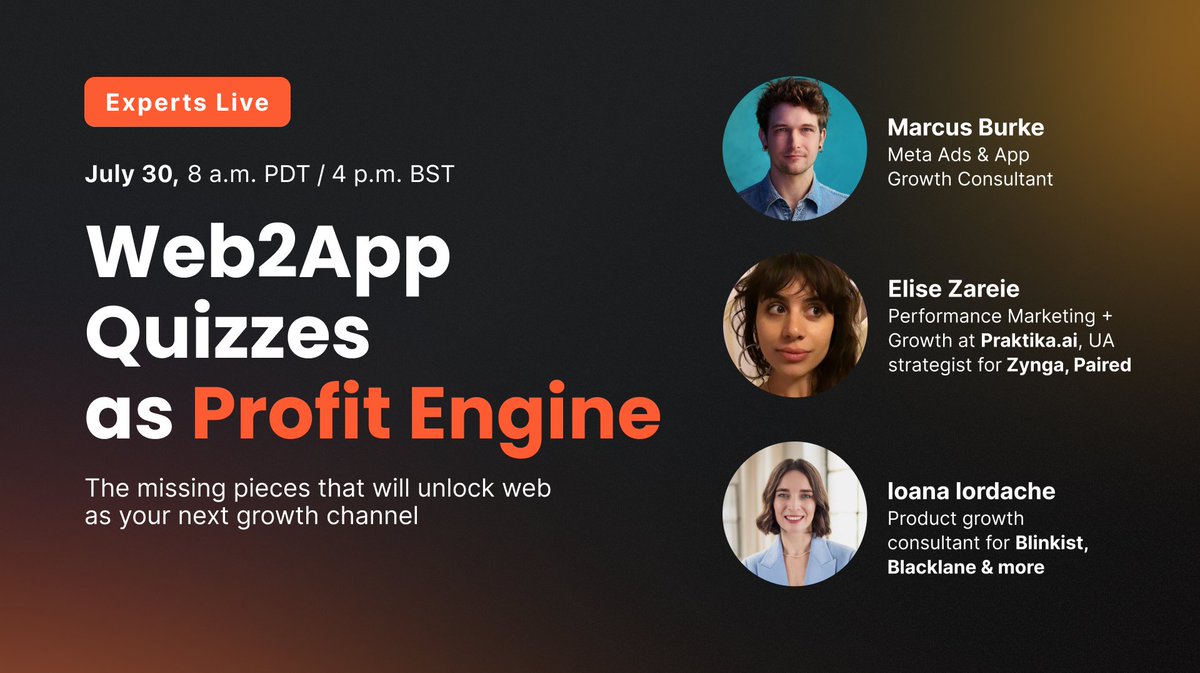 Funnelfoxhq's tweet image. Blinkist. Zynga. Paired. Praktika.ai.
All found serious growth in… quizzes. Yeah, really.
It’s not just the quiz. It’s funnel structure, creative timing, and who’s in the room when you build.
More on this July 30 with the folks who made it work:
Marcus Burke, Ioana…