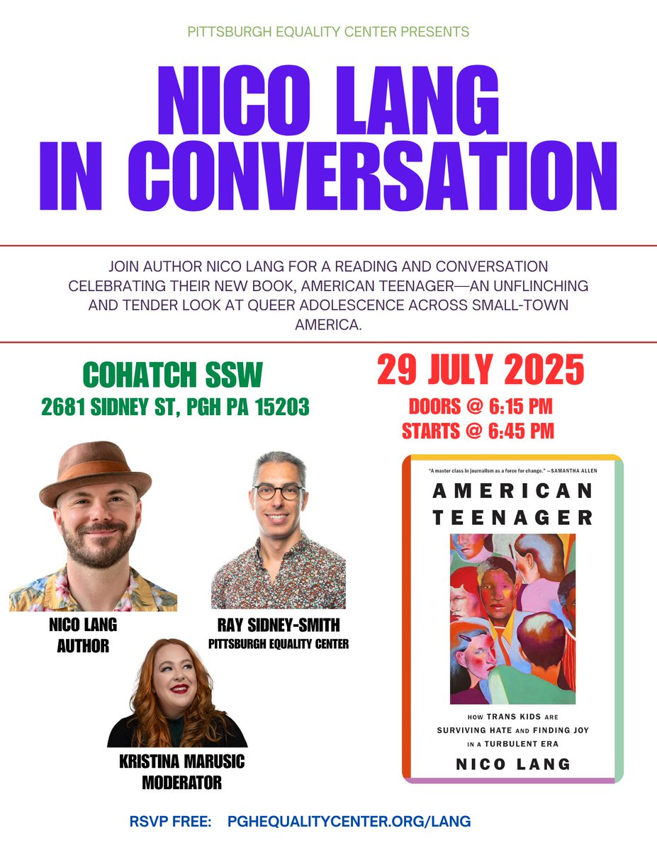 Upcoming Event: "American Teenager" Author Nico Lang in Conversation (7/29/2025) - mailchi.mp/pghequalitycen…
