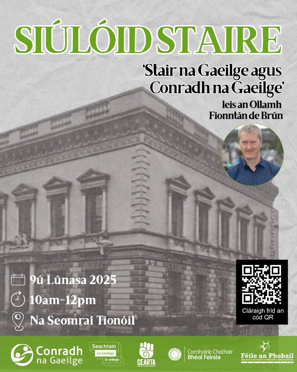 CnaG's tweet image. 🗺️ Siúlóid Staire: Stair na Gaeilge agus @CnaG i mBéal Feirste
🗣️Leis an Ollamh Fionntán de Brún
9ú Lúnasa 2025.
10am - 12pm, Lár na Cathrach.
Túsphointe: na Seomraí Tionóil, Béal Feirste.
Imeacht trí Ghaeilge
*Saor in aisce ach spásanna teoranta*
🎟️ eventbrite.co.uk/e/siuloid-stai…