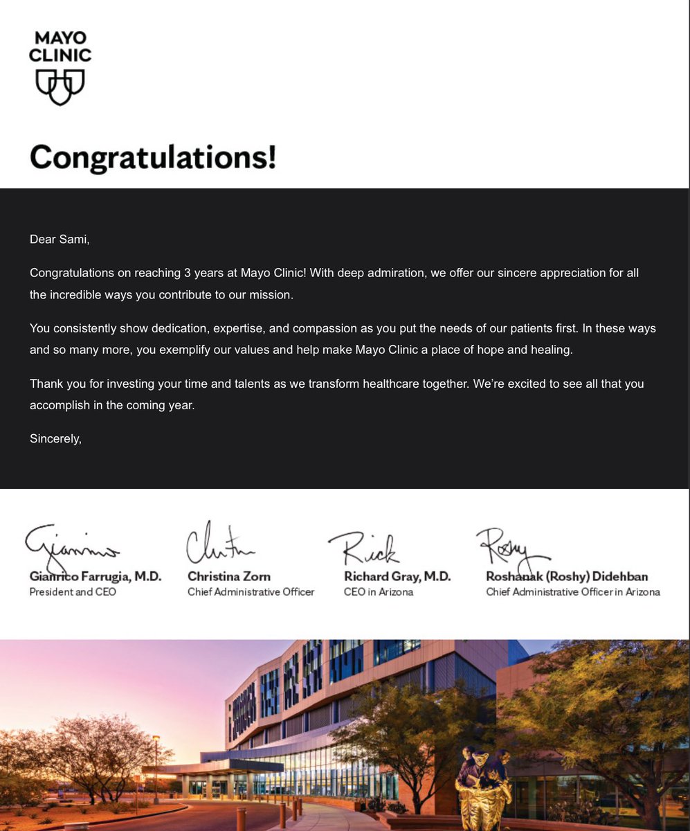 SamiAlasfar's tweet image. Three years at @MayoClinic today. Grateful for the incredible colleagues, meaningful work, and the privilege of caring for #transplant patients every day. Here’s to continued growth and impact.