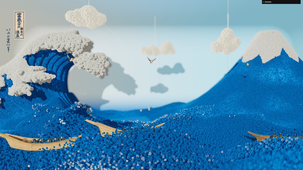 onirenaud's tweet image. Today's update:
Created new background assets using AI and Blender, rendered with the same system driving the fluid sim particles. It adds a lot more depth to the scene and finally makes the Hokusai influence clear.
Still some work left on colors and lighting… tomorrow!