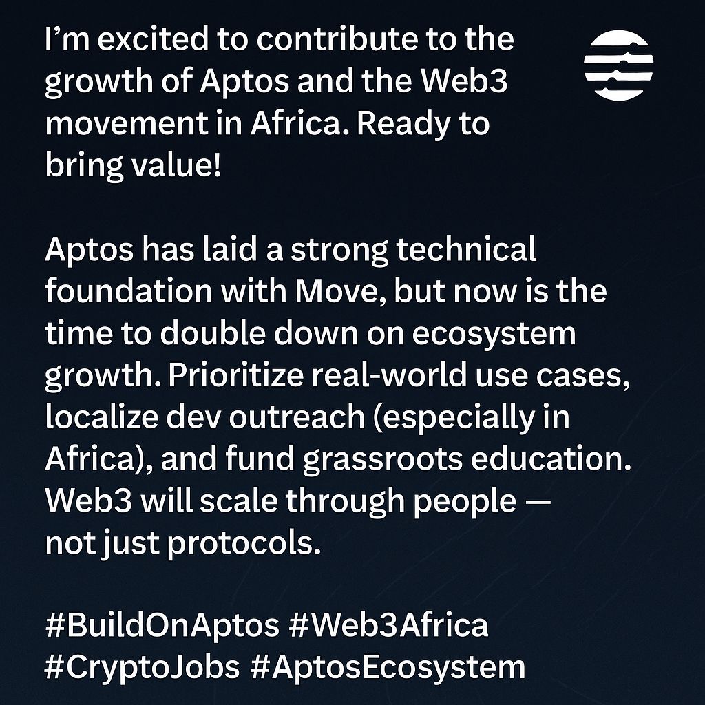 anxietyweb3's tweet image. 📌I’m excited to contribute to the growth of Aptos and the Web3 movement in Africa. Ready to bring value!  
Aptos has laid a strong technical foundation with Move, but now is the time to double down on ecosystem growth.   
#BuildOnAptos #Web3Africa #CryptoJobs #AptosEcosystem