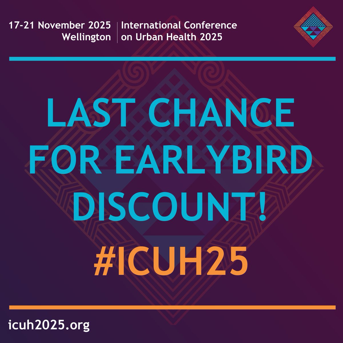 IS_UrbanHealth's tweet image. This is the last week to get your Early Bird tickets for #ICUH25!
Join us in Wellington, NZ | Nov 17–21 — "Weaving #Climate Action, #Equity & Wellbeing from the Pacific to the World"
Register before August 1 & save 10% off regular tickets: icuh2025.org/registration
#UrbanHealth