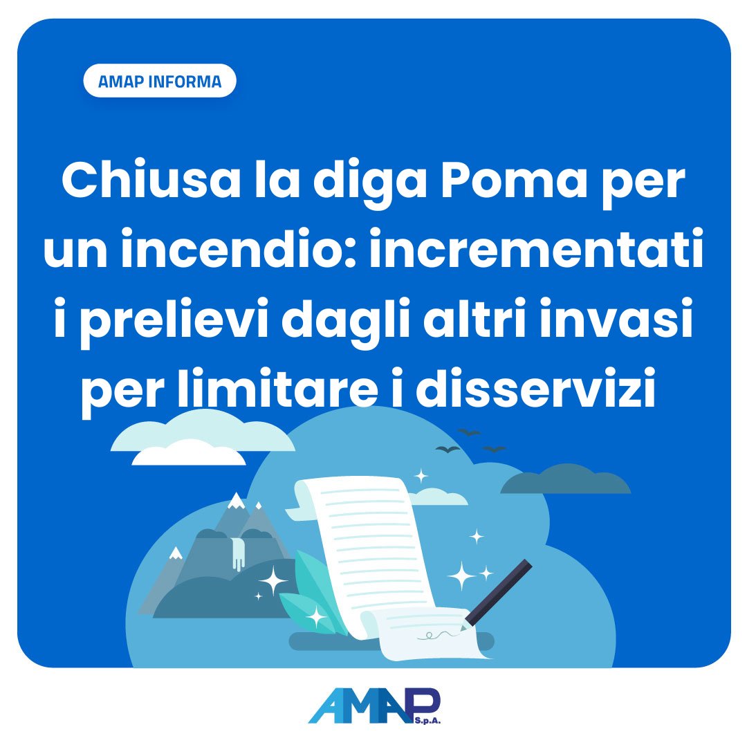 🔵 #amapinforma
Chiusa la diga Poma per un incendio: Amap incrementa i prelievi dagli altri invasi per limitare i disservizi 🔗 bit.ly/4lLNamL