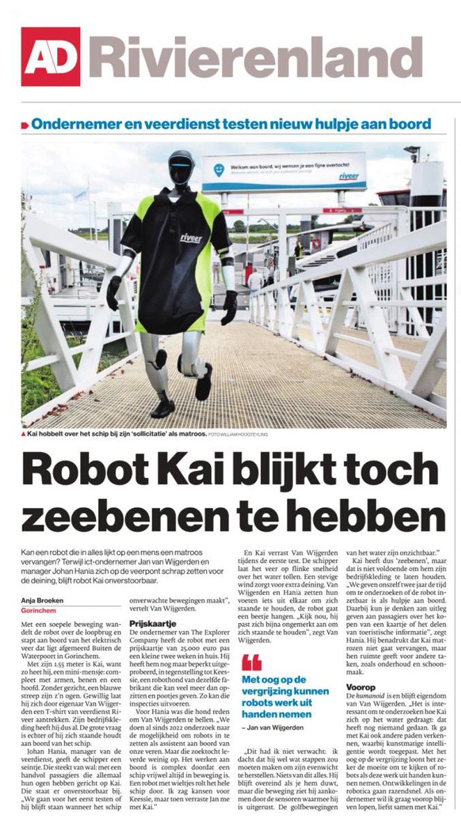 Tredion's tweet photo. 𝗛𝗲𝗯 𝗷𝗲 𝗼𝗻𝘇𝗲 𝗿𝗼𝗯𝗼𝘁 𝗞𝗮𝗶 𝗮𝗹 𝗴𝗲𝘀𝗽𝗼𝘁? 👋 We voeren experimenten uit met humanoid Kai op de veerboot van Riveer. Deze week in het AD (zie foto) en vanavond is onze collega Jan te zien in het NOS Journaal. #humanoid #innovatie #nextlevel https://t.co/K6pOIjf64P