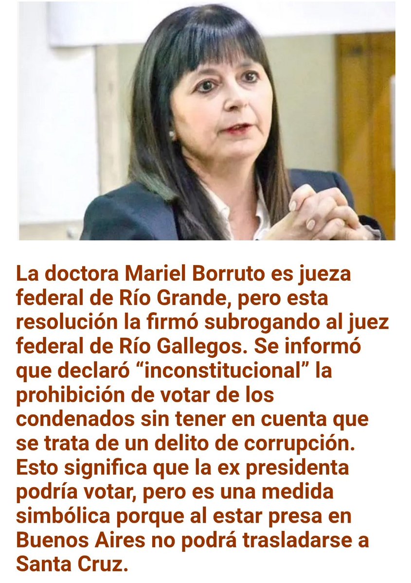 Te presento a la Jueza Federal Mariel Borruto  quien le permite ir a votar a #CFKPRESA !!! 
Borruto actuó como subrogante del Juez Federal de Rio Gallegos.

Amigos son los amigos