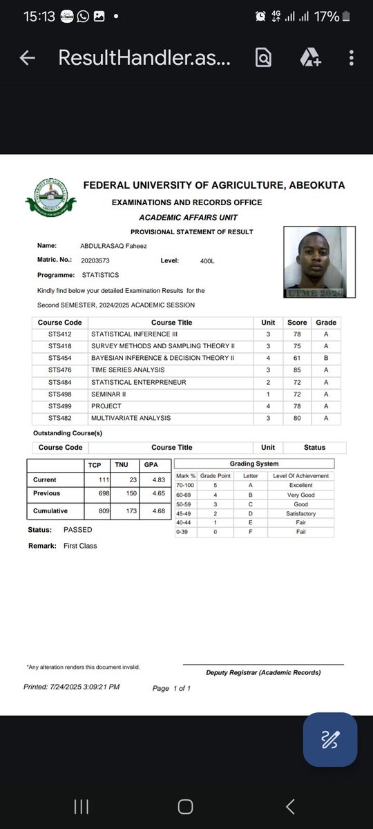 FOlakeu77682's tweet image. Not by my might, Not by my Power, but by the Grace of the one who has created me. Which of the favour of my lord will I deny? Absolutely none. A first class graduate of the Department of Statistics, Federal University of Agriculture Abeokuta.
Alhamdullilah.