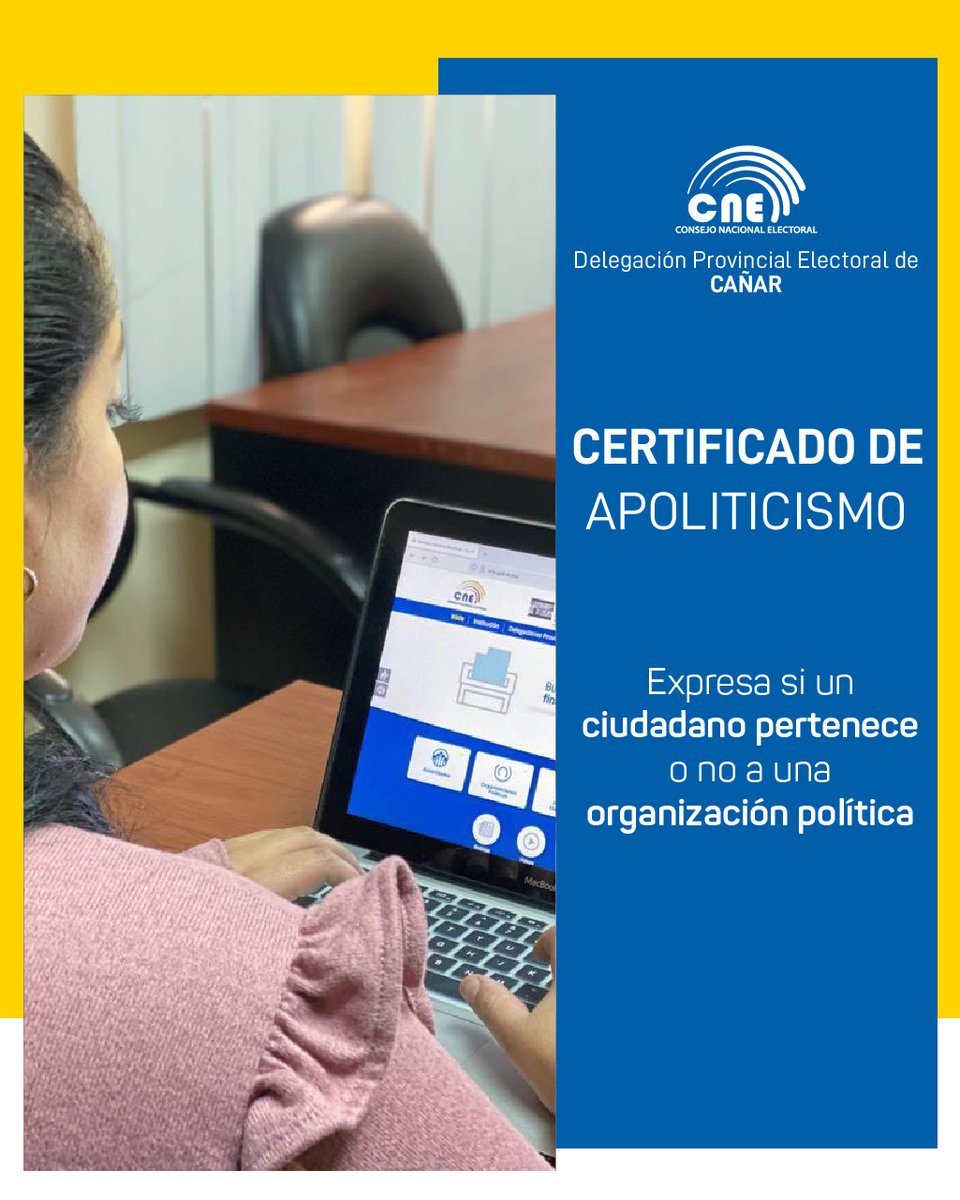 #CNEInforma 
El Certificado de Apoliticismo es emitido por el CNE y es requisito para quienes aspiran a cargos públicos no electivos.
🖥️ Solicítalo en línea en la sección de trámites ciudadanos de 👩‍💻👉cne.gob.ec

📌 Es gratuito y tiene validez legal.