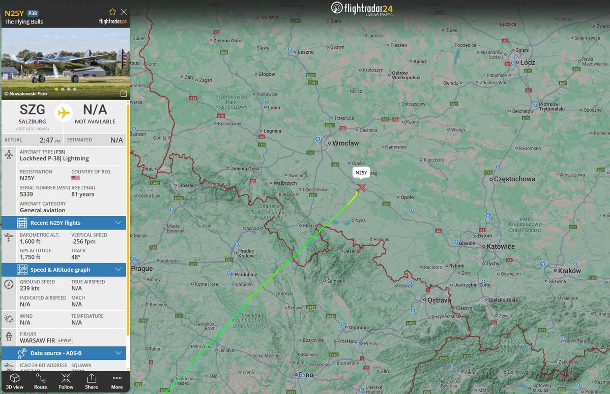 PolishMilRadar's tweet image. 📅25.07⌚️15:50LT
Podobno trasą co #N6123C, tylko nieco niżej (obecnie 1800ft), również do Kowna #EYKS 🇱🇹, leci ✈️ #N25Y Lockheed P-38J Lightning "N25Y" The Flying Bulls
🔗flightradar24.com/N25Y/3b6b253e
#POLMILRADAR