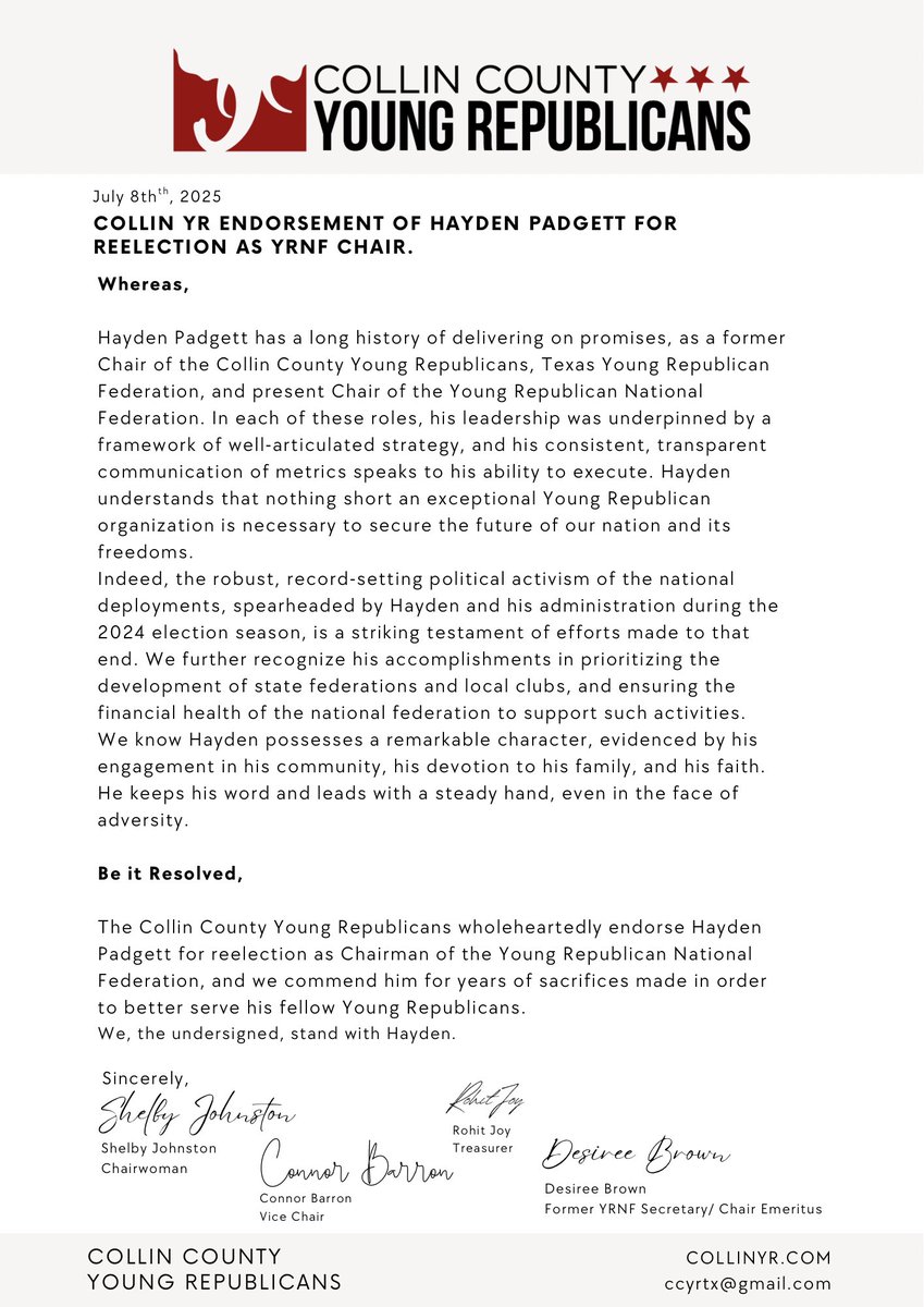 CCYRTX's tweet image. Collin County YRs are proud to endorse one of our own, Hayden Padgett, for re-election as National YR Chair! Texas is the last line of defense—and we need strong, proven leadership from right here at home. Let’s keep Texas leading the fight.