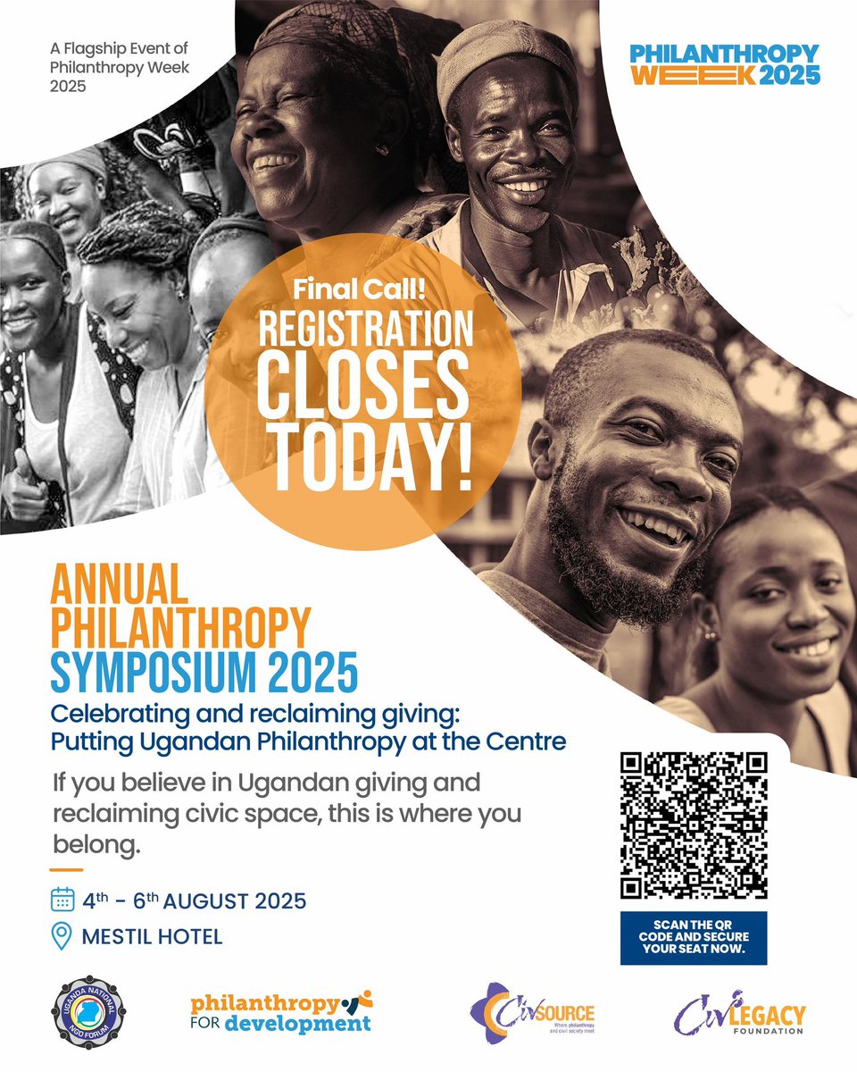 Restless_Uganda's tweet image. 📢LAST CHANCE ALERT!
Registration for the Annual Philanthropy Symposium 2025 ends today!
🗓️ 4–6 August
📍 Mestil Hotel, Kampala
Uganda’s youth-led organisations are making remarkable progress, creating new jobs, addressing climate issues, and providing vital services in areas…