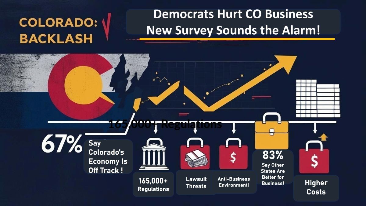 GOP_Jeffco's tweet photo. Colorado Democrats' progressive policies are crushing CO businesses! Costly mandates, litigation, high taxes, &amp; regulatory uncertainty make long-term planning impossible. This hurts jobs &amp; our economy. We need change for Colorado's future! #COPolitics #LessRegulation #COEconomy https://t.co/xWyOPLY8Cj