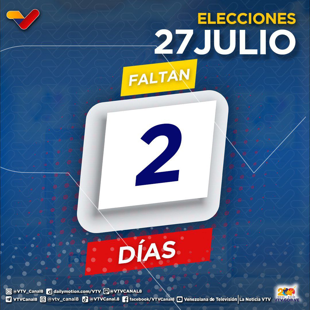 Faltan 02 días para la fiesta electoral del próximo #27Jul, y en tal contexto, el pueblo venezolano, una vez más, ratificará con su participación la convicción democrática y su soberanía. 🗳

#CHCh