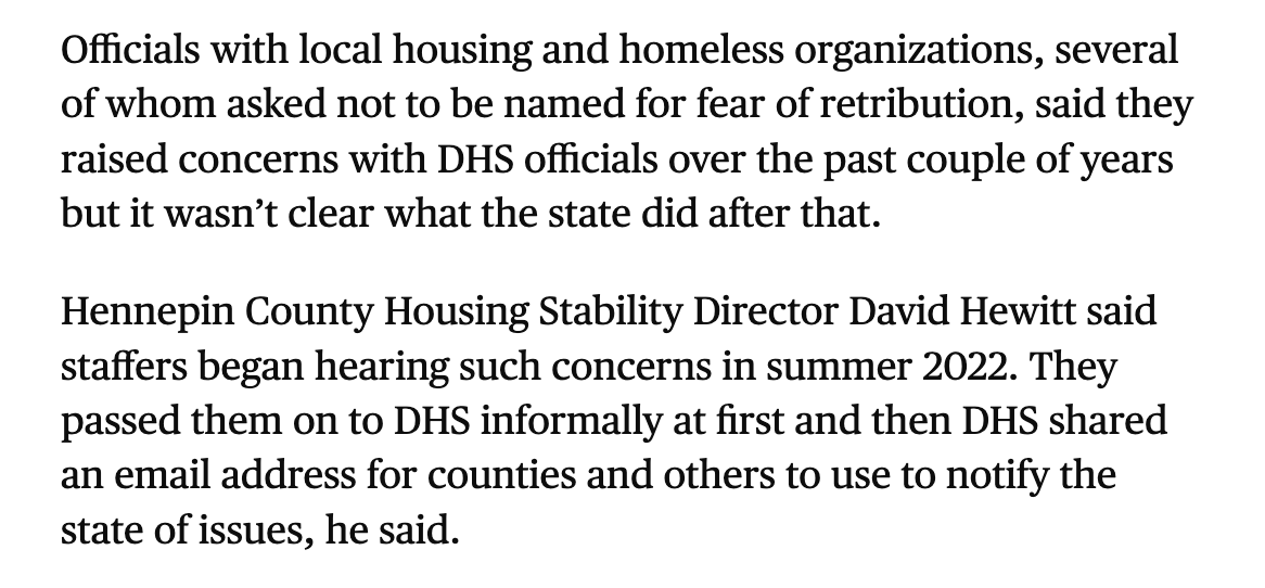 Strib on outstanding Q about timeline of Walz admin response to housing stabilization pgrm fraud.

Red flags about use of new program by 2022. DHS says cases take time to build. 

$ was paused for some suspected fraudsters in May, after change in law.

startribune.com/what-went-wron…