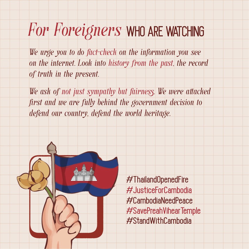 KimLorng19's tweet photo. To International Media Outlets:
In times of rising tension, the world deserves balanced reporting. Please listen to both sides, not just propaganda.
Cambodia seeks peace, not war.

#ThailandStartedTheWar 
#JusticeForCambodia https://t.co/fy5AqSUamq