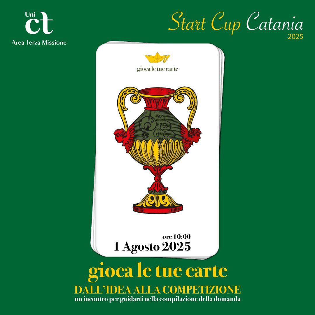 START CUP CATANIA 2025 - 

Per saperne di più

1 AGOSTO ORE 10.00 opportunità , pochi posti a disposizione!

C’è tempo sino al 26 agosto per candidarsi alla partecipazione alla Start Cup Catania 2025, la business plan competition locale organizzata dall’<a href="/unict_it/">Unict</a>