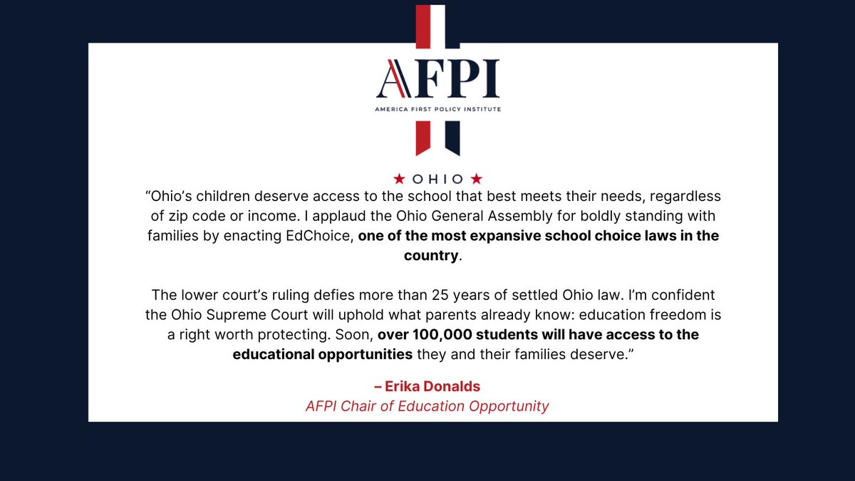 A1Policy_OH's tweet image. AFPI's Chair of Education Opportunity,
@ErikaDonalds, applauds Ohio's General Assembly for boldly standing with families by enacting EdChoice. Her full statement on the recent court ruling is below 👇