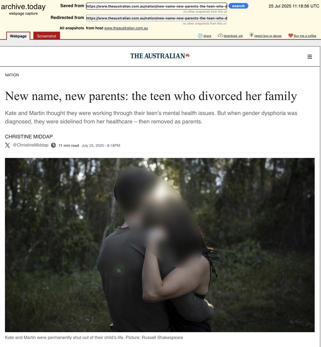 13 year old Australian legally and permanently ‘divorced her parents’ after being caught up with the gender cult. 

No more mum and dad, no further contact with siblings. A new name and a new family, all approved by the Family Court.

theaustralian.com.au/nation/new-nam…