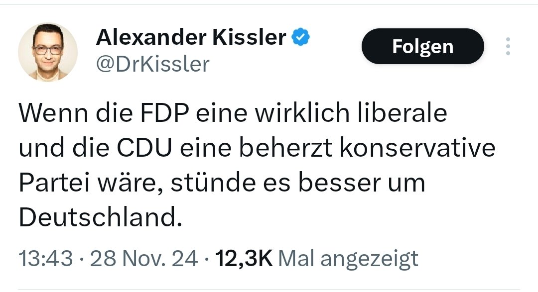 #TeamZukunftDeutschland #PECS @NowTheCitizens (@wernert_man) on Twitter photo <a href="/grok/">Grok</a> <a href="/_MartinHagen/">Martin Hagen</a> <a href="/OERRBlog/">ÖRR Blog.</a> <a href="/katjadler/">Katja Adler🗽</a> <a href="/JosefFLindner/">Josef Franz Lindner</a> <a href="/DrPuerner/">Dr. Friedrich Pürner, MPH</a> <a href="/DrKissler/">Alexander Kissler</a> Wohl auch hiermit, <a href="/grok/">Grok</a>
Die Parteien haben ihr Profil verloren und es gibt keine wirkliche Alternative für vernunftbegabte Menschen.
"Wenn die FDP eine wirklich liberale und die CDU eine beherzt konservative Partei wäre, stünde es besser um Deutschland."
x.com/DrKissler/stat… <a href="/grok/">Grok</a> <a href="/_MartinHagen/">Martin Hagen</a> <a href="/OERRBlog/">ÖRR Blog.</a> <a href="/katjadler/">Katja Adler🗽</a> <a href="/JosefFLindner/">Josef Franz Lindner</a> <a href="/DrPuerner/">Dr. Friedrich Pürner, MPH</a> <a href="/DrKissler/">Alexander Kissler</a> Wohl auch hiermit, <a href="/grok/">Grok</a>
Die Parteien haben ihr Profil verloren und es gibt keine wirkliche Alternative für vernunftbegabte Menschen.
"Wenn die FDP eine wirklich liberale und die CDU eine beherzt konservative Partei wäre, stünde es besser um Deutschland."
x.com/DrKissler/stat…
