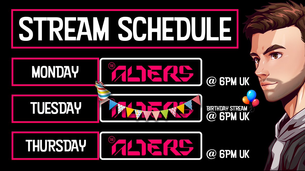 AlexJordanVO's tweet image. My streaming schedule next week is all The Alters...
with a birthday stream on Tuesday!
Have a great weekend!