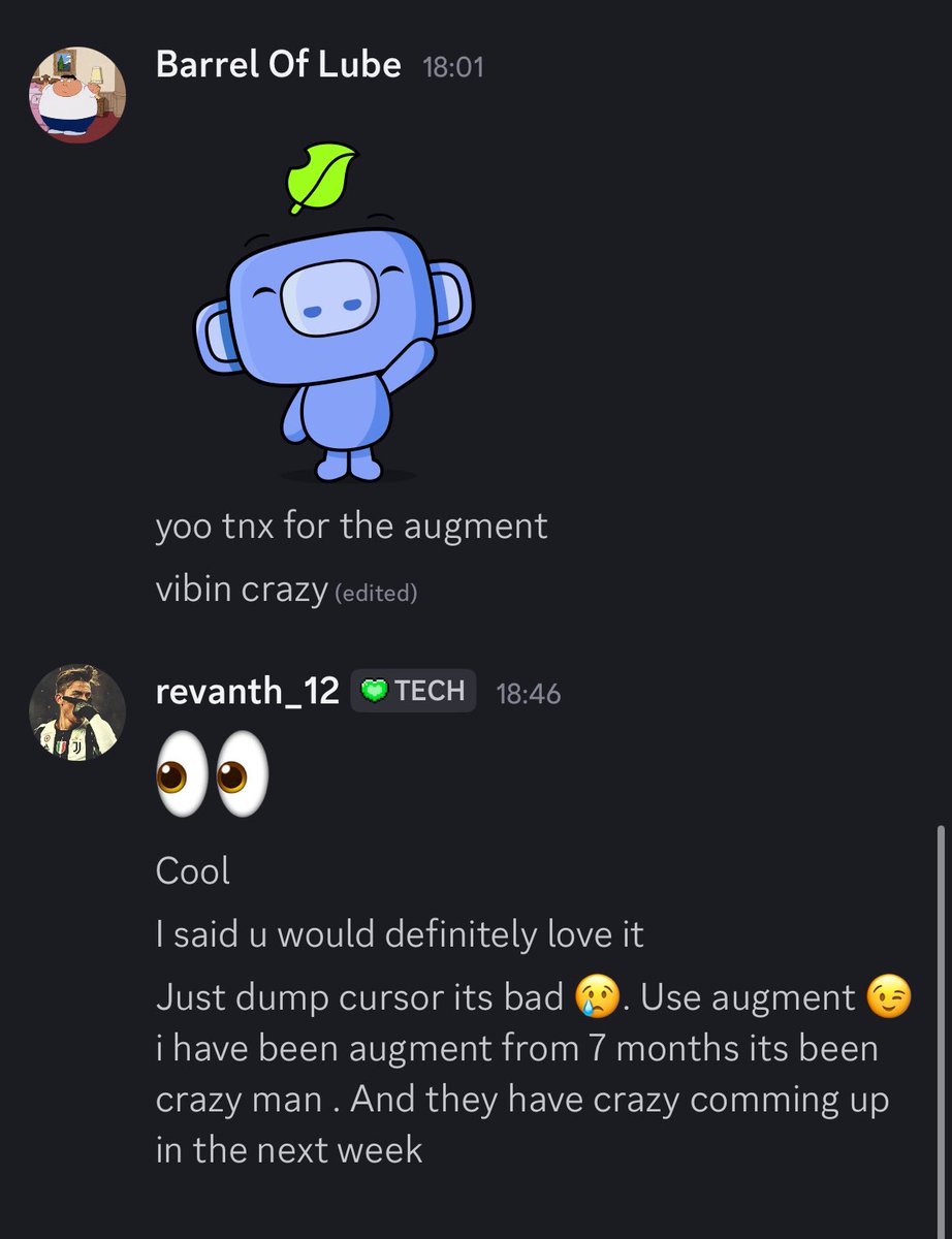 sai_revanth_12's tweet image. When you’re hanging in discord VC and see folks struggling to get stuff done with @cursor_ai—project’s still stuck. Cursor’s AI just making things sloppy. I have introduce @augmentcode, and after one day he’s dropping a DM: “Bro thnx im vibing with augment
