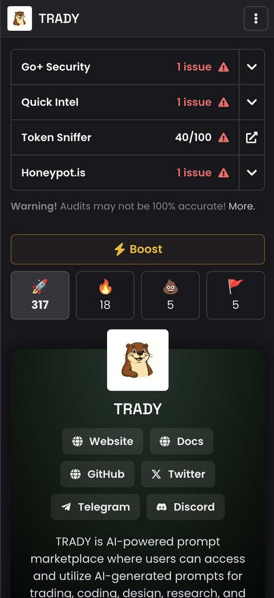 tradyfinance's tweet photo. About the warnings on @dexscreener

TRADY uses a proxy contract by design — this is 100% intentional. We need this architecture to customize logic and integrate AI-powered features into our platform.

Even @aave and other top protocols use proxy contracts for flexibility and upgradability.

The warning is not an issue — it’s simply because scanners don’t fully detect proxy patterns. TRADY is audited, secure, and built for long-term scalability.