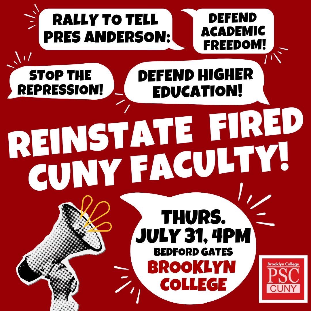 pscbrooklyn's tweet image. 1/4 We condemn the recent non-reappointment of three CUNY adjunct faculty members and termination of another. These dismissals, carried out in direct contradiction to unanimous departmental recommendations and without any due process or explanation

#BCFired4 #PSC