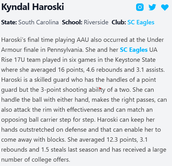 Kyndal Haroski (@kyndalharoski) on Twitter photo Thank you for the shout out <a href="/PGH_SCarolina/">Prep Girls Hoops South Carolina</a> <a href="/AkiemBailum/">𝗔𝗸𝗶𝗲𝗺 👨🏾💻🎙🎥📰📺📸</a>! What a ride and appreciate all your support! Looking forward to Senior season and the next chapter! <a href="/SCEaglesAAU/">SC EAGLES AAU</a> <a href="/girls_riverside/">Riverside Girls Basketball</a> <a href="/wyatt_r70517/">Coach Kevin R Wyatt</a> <a href="/CoachRikardNCSA/">Kaliann Rikard</a> <a href="/NCSAwbb/">NCSA Women’s Basketball Recruiting</a> <a href="/UARiseGirls/">UA Rise Girls I Basketball</a> Thank you for the shout out <a href="/PGH_SCarolina/">Prep Girls Hoops South Carolina</a> <a href="/AkiemBailum/">𝗔𝗸𝗶𝗲𝗺 👨🏾💻🎙🎥📰📺📸</a>! What a ride and appreciate all your support! Looking forward to Senior season and the next chapter! <a href="/SCEaglesAAU/">SC EAGLES AAU</a> <a href="/girls_riverside/">Riverside Girls Basketball</a> <a href="/wyatt_r70517/">Coach Kevin R Wyatt</a> <a href="/CoachRikardNCSA/">Kaliann Rikard</a> <a href="/NCSAwbb/">NCSA Women’s Basketball Recruiting</a> <a href="/UARiseGirls/">UA Rise Girls I Basketball</a>