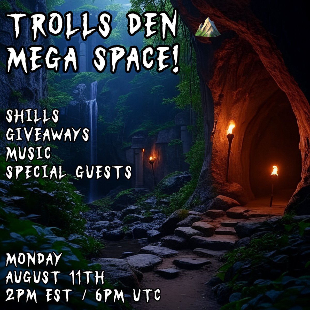 TrollKingXPX's tweet image. Trolls Den ⛰️
Mega Space 🔥 6 hours
If you have a token and want to get spotlight in a massive space, DM me 🫱🏻🫲🏼
Requirements:
Tokens main account on stage.
Bring your community.
Deadline to apply:
August 4th
2pm EST / 6pm UTC