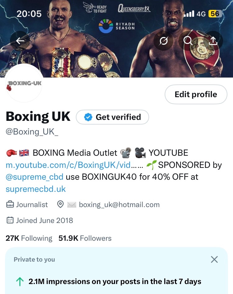 Boxing_UK_'s tweet image. 🥊🇬🇧 Another huge THANK YOU for all the support for Boxing U.K. 🙏
Over 2 MILLION hits this week alone - and now 15 MILLION views on YouTube covering our sport
I really do appreciate everyone who takes time to engage with the channel. Legends👏
Steve 🥊🇬🇧