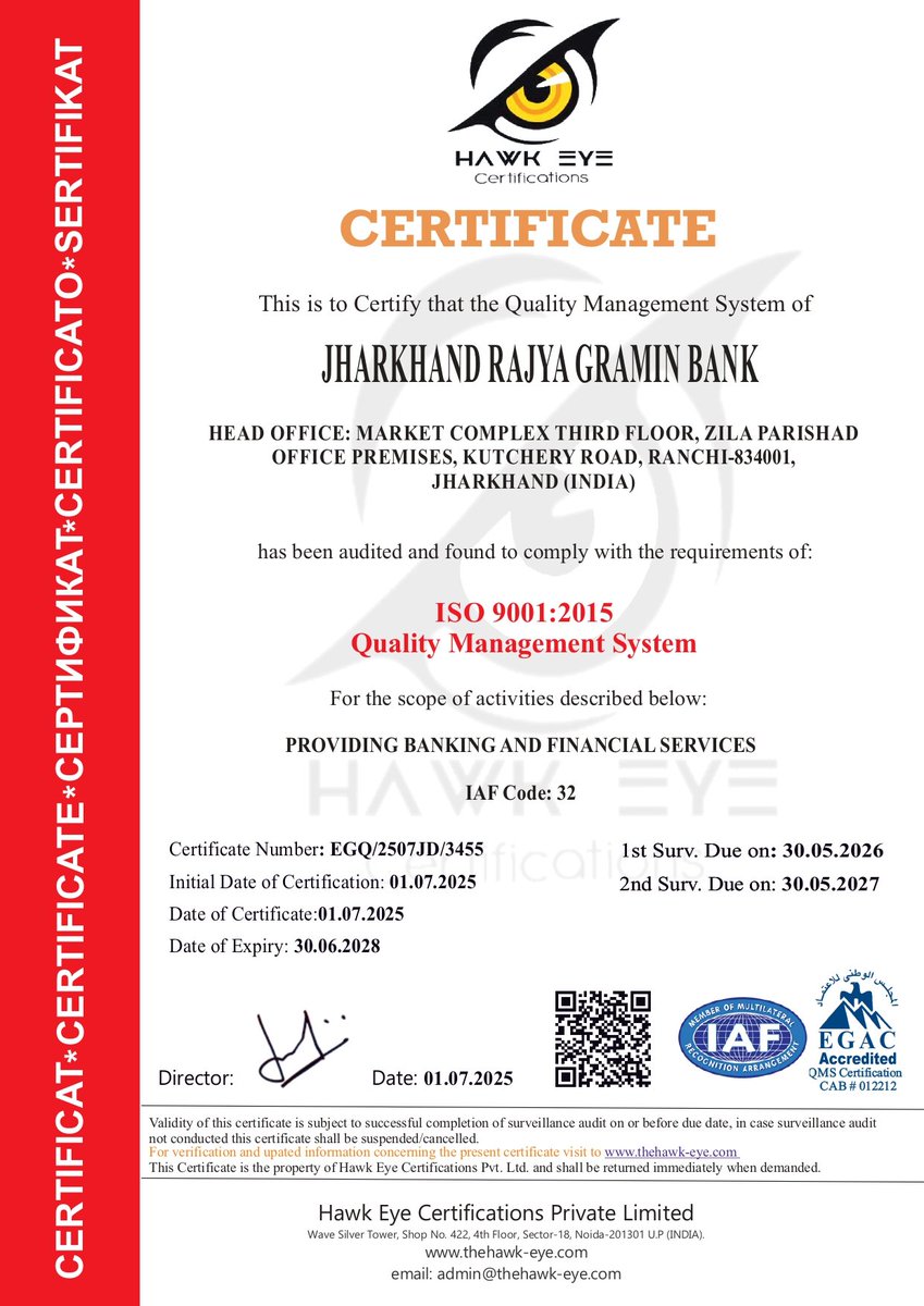 JGB_Official's tweet photo. Jharkhand Rajya Gramin Bank is now certified with ISO 9001:2015 Quality Management System
#jharkhand #jrgbank https://t.co/nkxQRnLGJO