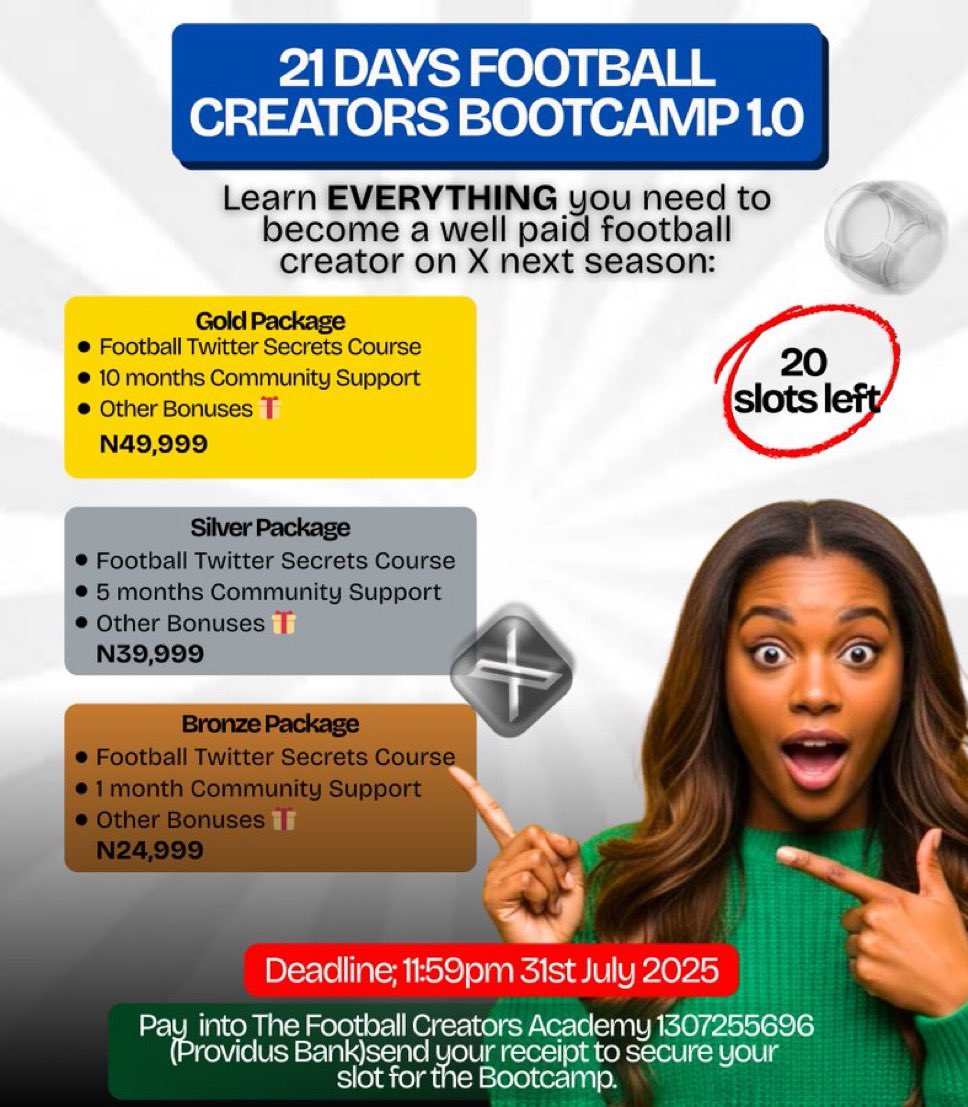Creed_printz's tweet image. 21 Days Football creators boot camp 1.0
This is everything you need to grow your account organically, not gain trains, retweet group or shout out, this !!!!
Secure your favorite package in :
*Gold
*Silver
*Bronze
Donβt miss this opportunity βΌοΈβΌοΈ
PS: limited slotsβ¦
