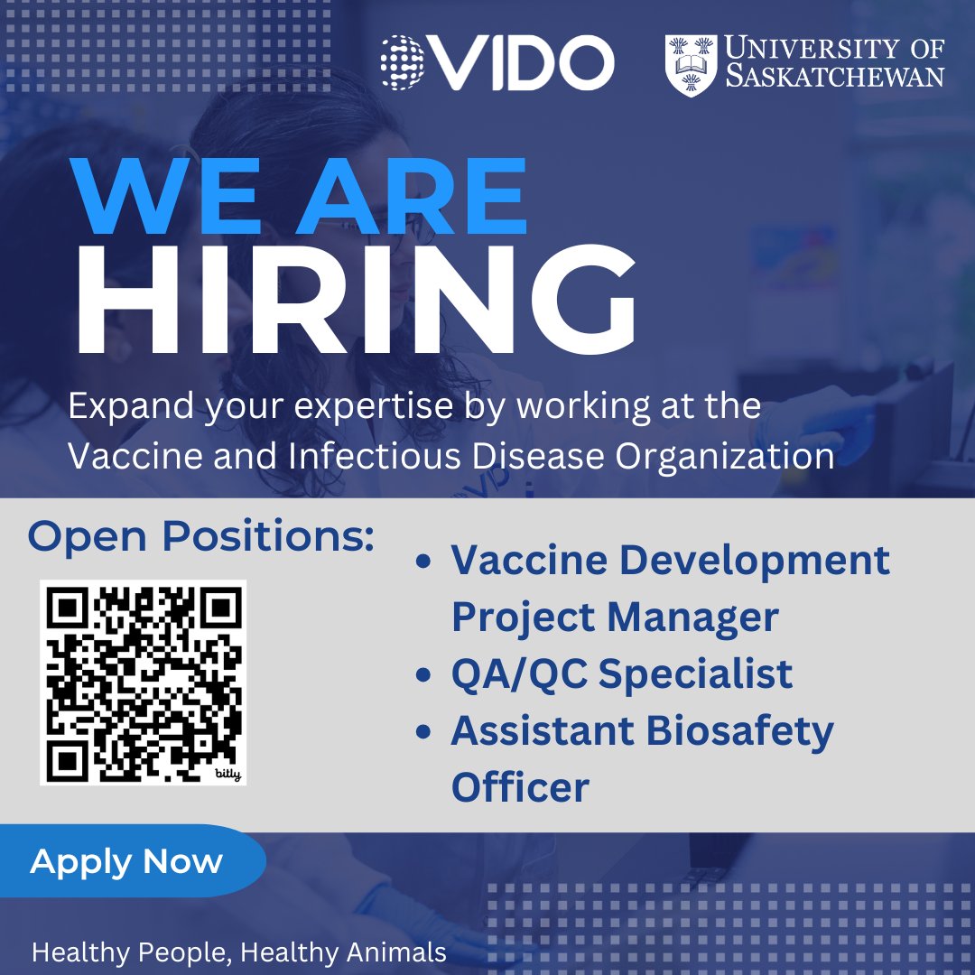 VIDOInterVac's tweet image. VIDO is hiring! Join us to advance vaccine R&D, safeguard biosafety, and ensure quality in global health.
✨ Vaccine Dev Project Manager
✨ QA/QC Specialist
✨ Assistant Biosafety Officer
Apply now: vido.org/careers/curren…
#NowHiring #Careers #WorkAtVIDO #WorkWithUs