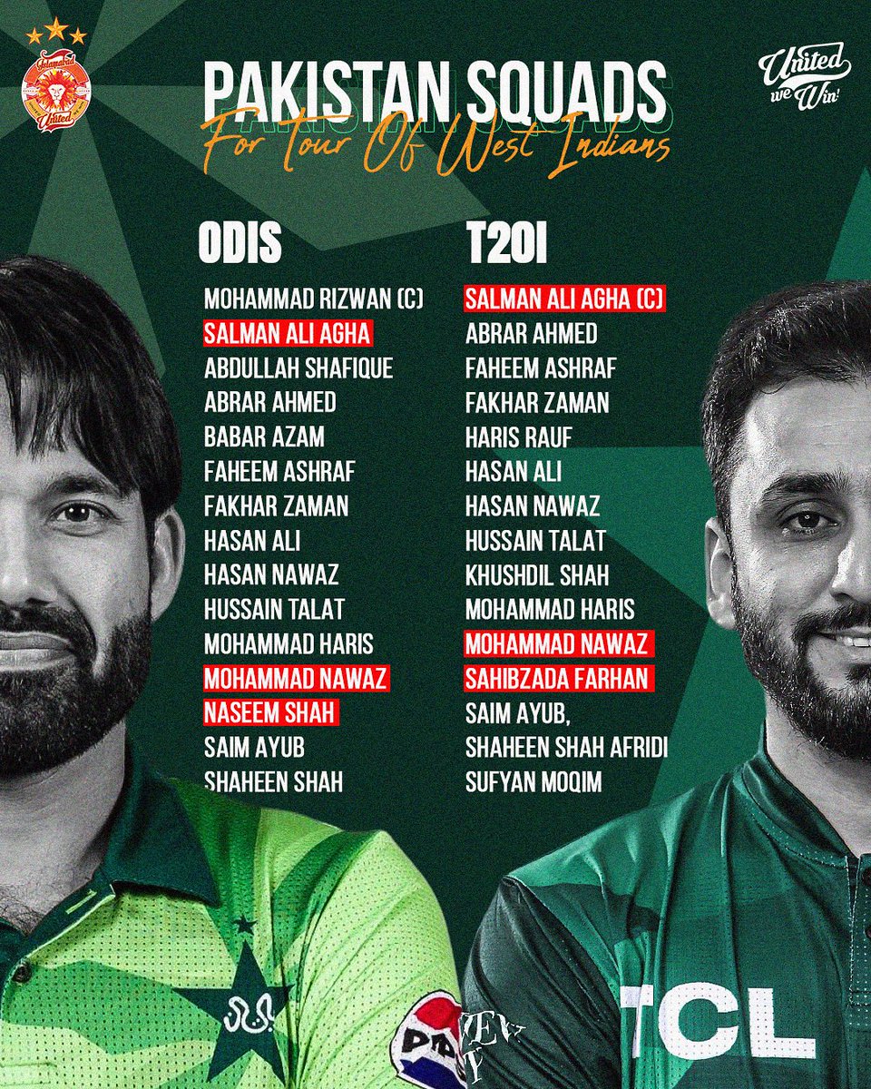 IsbUnited's tweet image. Squads announced for the West Indies tour! 🇵🇰
Salman Ali Agha to captain the T20Is, Rizwan to lead in ODIs.
Best of luck to all the boys selected. 🙌
#WIvPAK #UnitedForPakistan