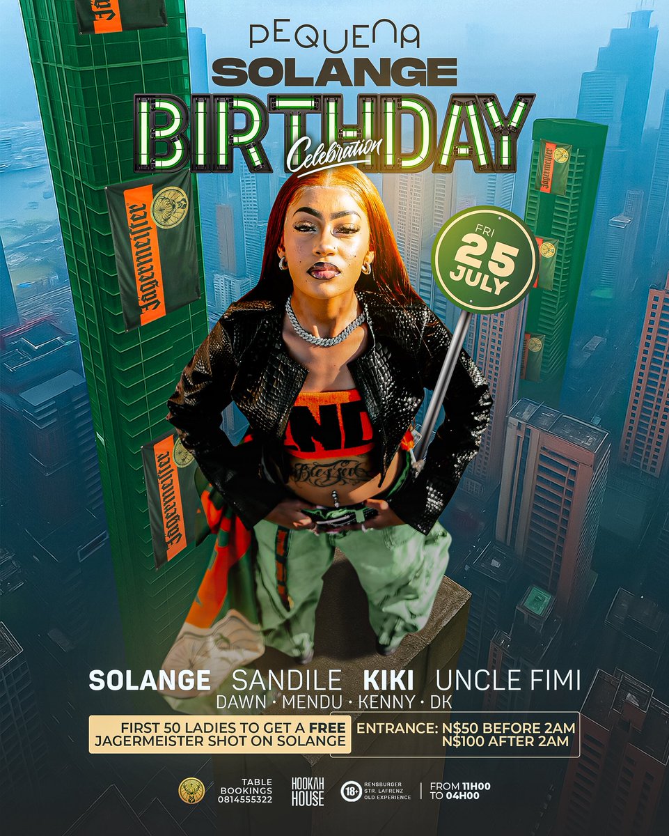 PequenaNamibia's tweet image. 🎉 Birthday Bash at Pequena This Friday! 🎉
I&apos;m turning up and giving back — FREE Jägermeister shots to the first 50 ladies! 💃🔥
Pull up early, bring the vibes, and let&apos;s make it a night to remember.
#BirthdayTurnUp #PequenaFridays #FreeShots #JagerParty #LadiesFirst

TILL 04:00